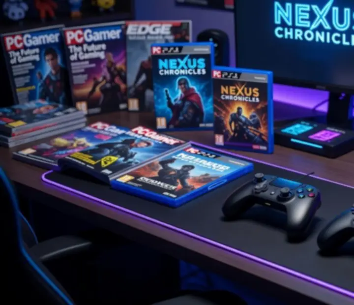 Premiera gry PC z tłumem graczy przed ekranami i neonową scenografią gamingową