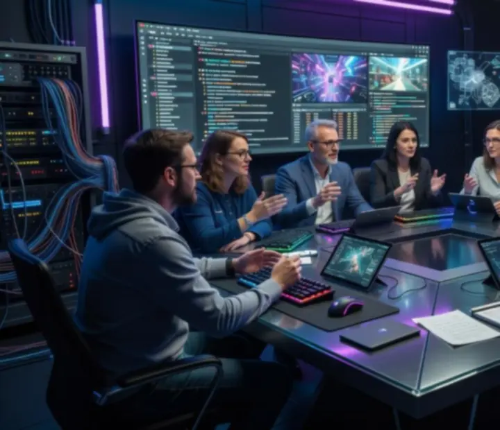 Zespół redakcyjny NAXSOL ENTERPRISES LTD przy futurystycznym stanowisku PC