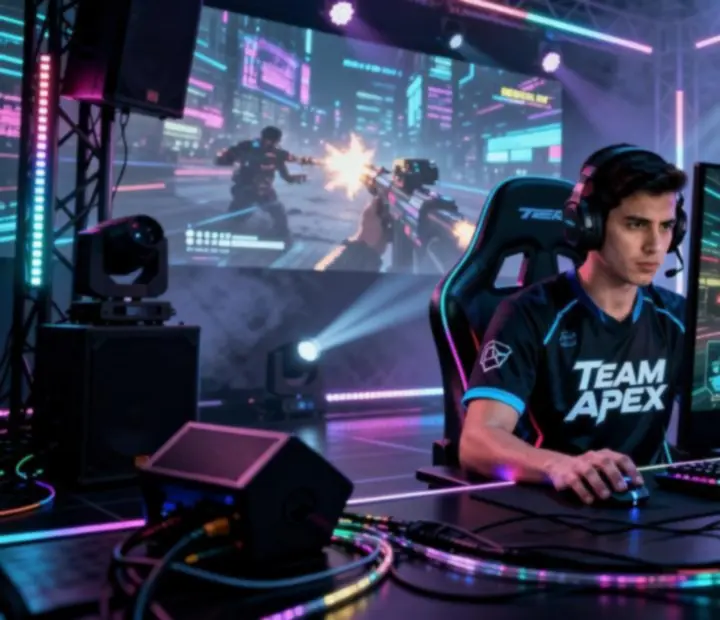 Dynamiczna scena turnieju e-sportowego na PC z drużynami przy stanowiskach