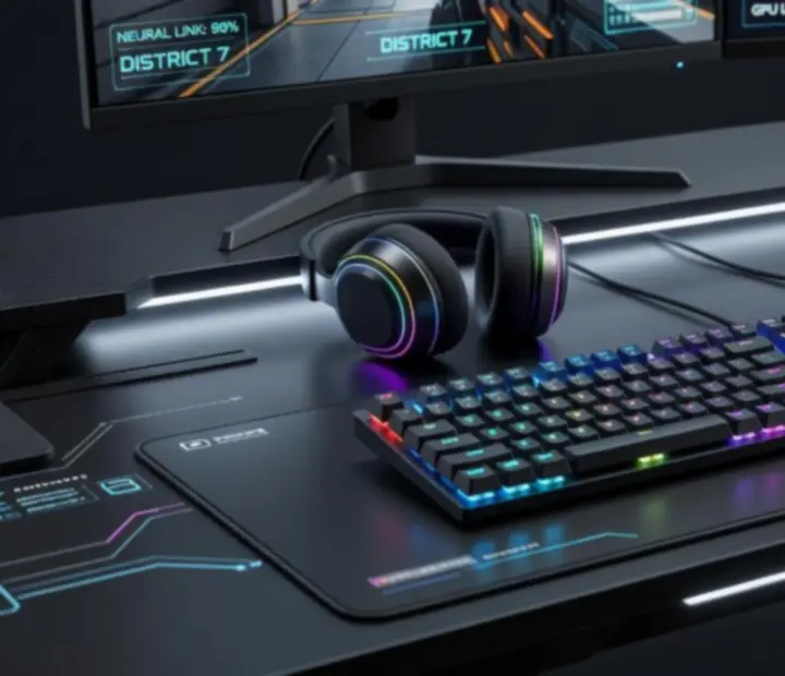 Nowoczesny setup esportowy z klawiaturą mechaniczną, myszką, słuchawkami i monitorem w neonowym oświetleniu.