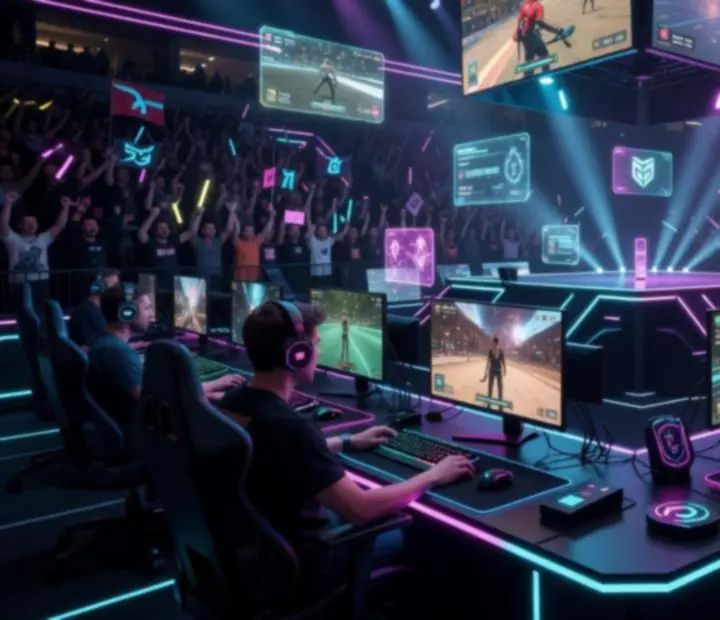 Cinematiczna scena esportowa z oświetloną areną, dużymi ekranami i publicznością podczas finałów turnieju.