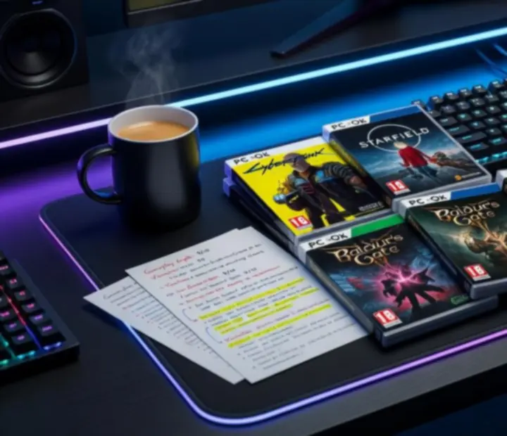 Kolaż z ujęć gier PC prezentujący dynamiczne sceny z różnych gatunków