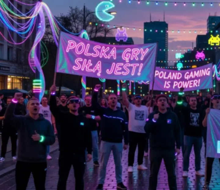 Zgromadzenie graczy z gamingowymi akcesoriami i neonowymi akcentami, symbolizujące aktywną społeczność PC
