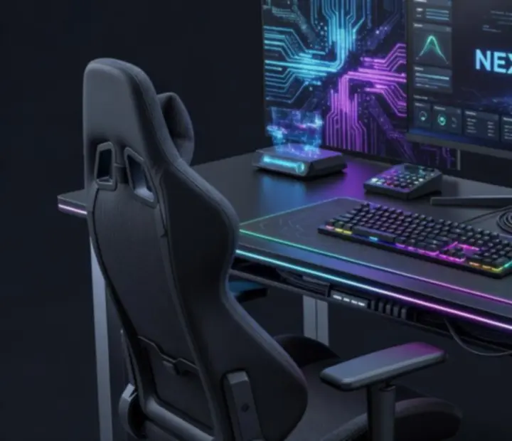 Nowoczesne biurko gamingowe z podświetleniem RGB i ultrapanoramicznym monitorem