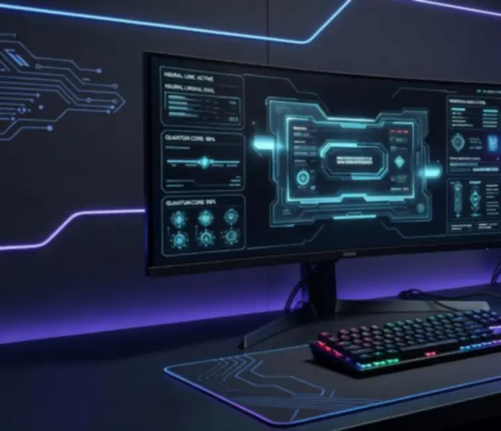 Stylowy gamingowy setup PC z futurystycznym oświetleniem i sprzętem premium
