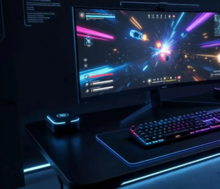 Futurystyczne stanowisko gamingowe z podświetleniem RGB i dwoma monitorami