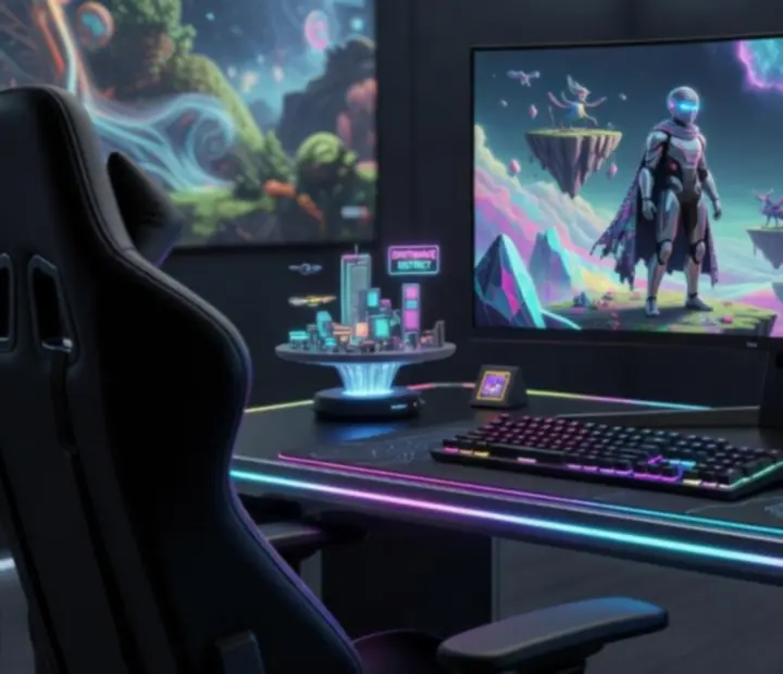 Kinowa wizualizacja przedstawiająca różnorodne niezależne gry PC w futurystycznym stylu