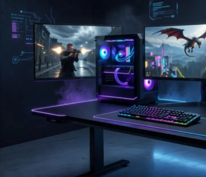 Ultranowoczesny setup PC z podświetleniem RGB i wieloma monitorami