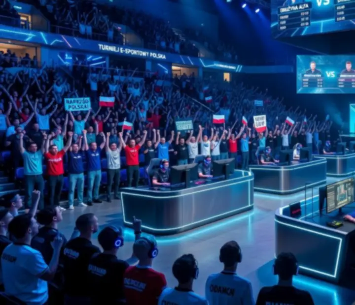 Arena e-sportowa z publicznością, neonowymi światłami i dużymi ekranami podczas turnieju gier PC