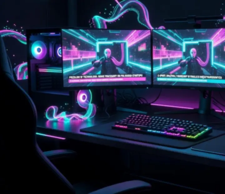 Cinematiczny setup gamingowy z ultrapanoramicznym monitorem i neonowym oświetleniem RGB, symbolizujący dynamiczne newsy o grach PC