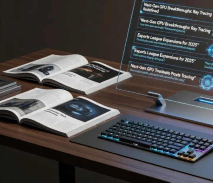 Lista newsów gamingowych na futurystycznym interfejsie z neonowymi akcentami