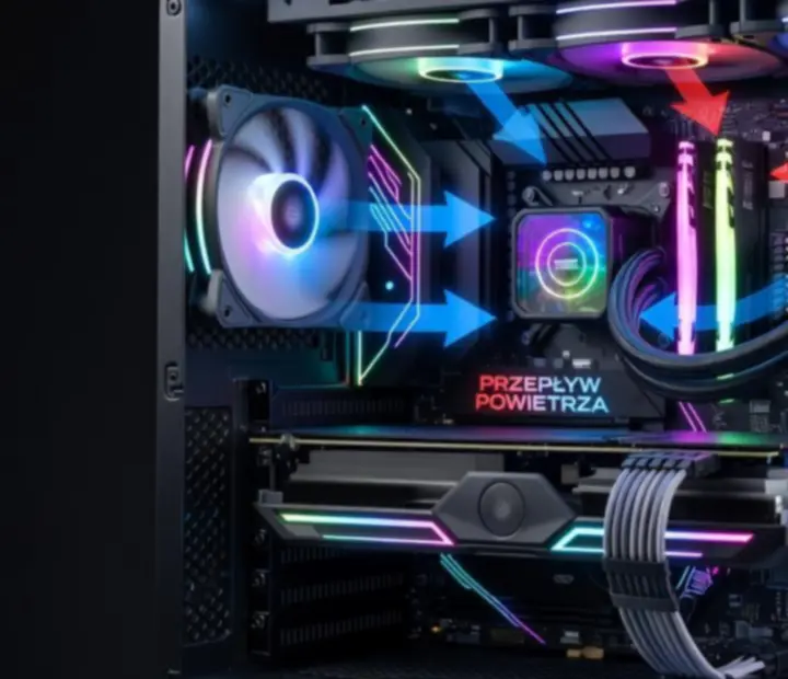 Komputer PC z podświetlonymi wentylatorami i wydajnym chłodzeniem