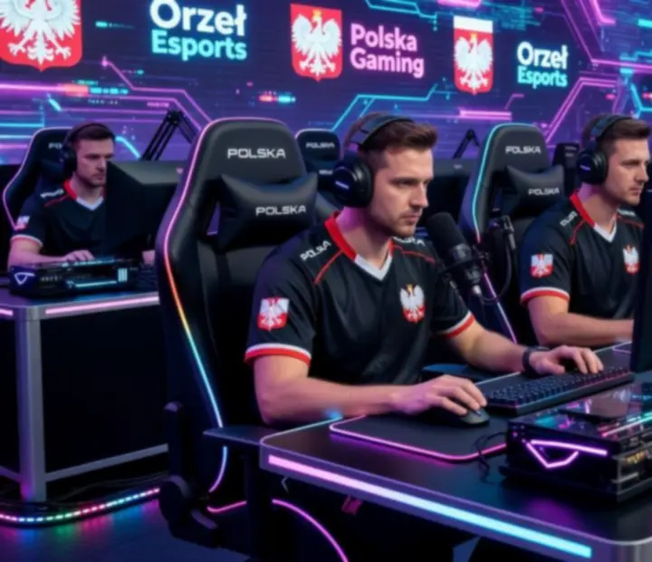 Polskie drużyny esportowe stojące na scenie turniejowej w świetle reflektorów.