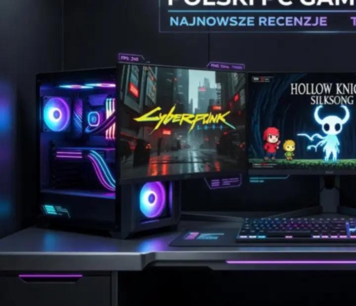 Cinematiczny setup gamingowy z ultrapanoramicznym monitorem i neonowym oświetleniem, w stylu cyfrowego magazynu o grach