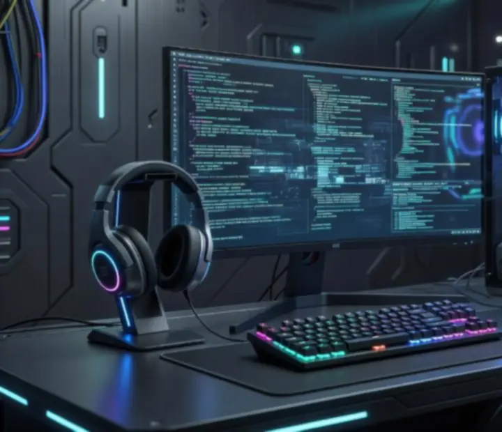 Ultranowoczesne stanowisko gamingowe PC z podświetleniem RGB i kilkoma monitorami