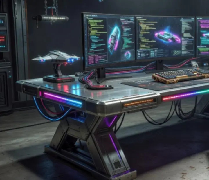 Stylowe, futurystyczne stanowisko gamingowe z wieloma monitorami i podświetleniem RGB