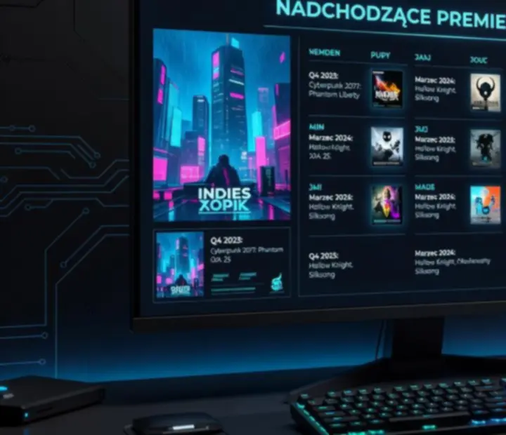 Futurystyczna kolażowa ilustracja zapowiadająca nadchodzące gry PC