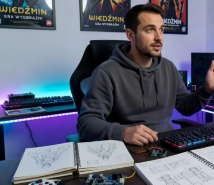 Twórca niezależnej gry PC pracujący przy futurystycznym stanowisku